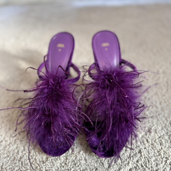Zara Purple Feather Velvet Round Toe Sandals Heels - Picture 6 of 8